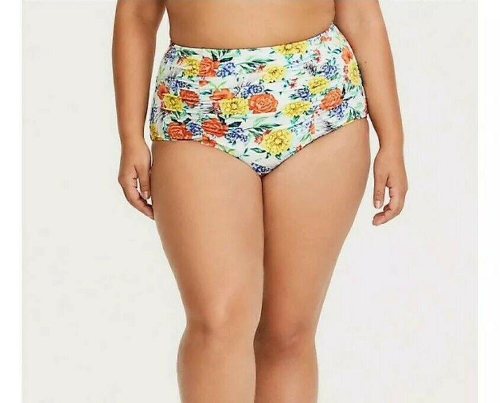 TORRID HIGH WAIST SWIMSUIT BOTTOM WHITE FLORAL RUCHED SWIM SZ 1 1X BIKINI